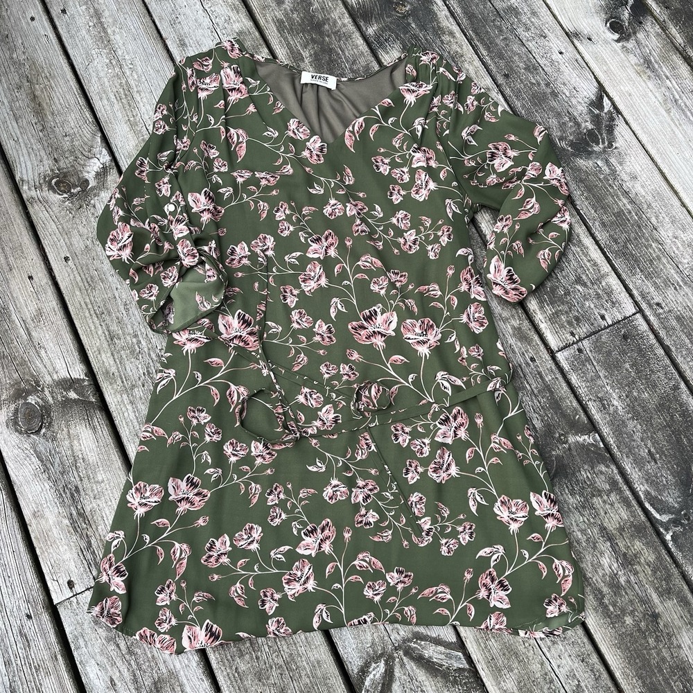 Verse Women's Tunic Dress‎ Green Floral Lined 3/4 Roll Tab Sleeve L Made In USA